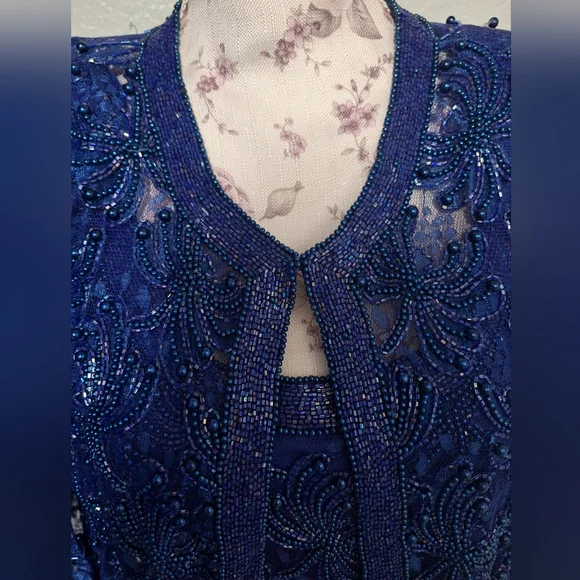 Vintage Scala Royal Blue Lace Fully Beaded 2 Piece Sleeveless Shift Dress  Blazer - threedaughtersproperties.com